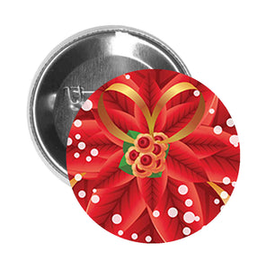 Round Pinback Button Pin Brooch Red Poinsettia with Golden Ribbon - Zoom