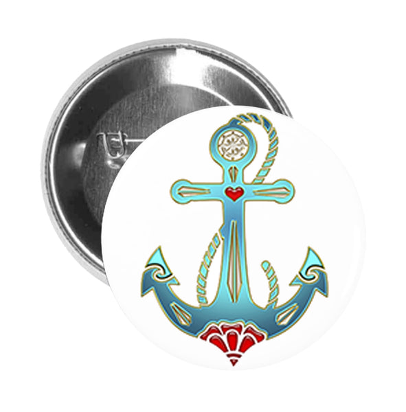 Round Pinback Button Pin Brooch SHIP ANCHOR FAITH HOPE LOVE SYMBOL 2 LIGHT BLUE TURQUOISE RED WHITE