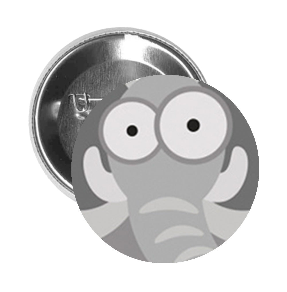 Round Pinback Button Pin Brooch SILLY CARTOON ELEPHANT WITH BIG EYES GREY WHITE - Zoom