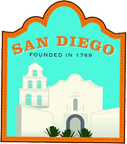 San Diego California West Coast Travel Landmarks Road Trip Getaway Stamps Logo Cartoon - Mission Vinyl Decal Sticker