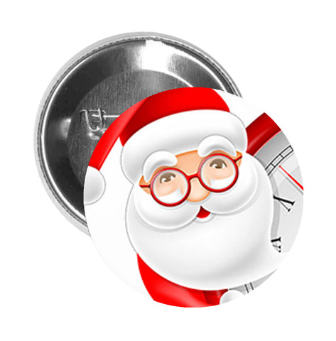 Round Pinback Button Pin Brooch Santa Claus Christmas Eve Midnight Clock Countdown Cartoon - Zoom