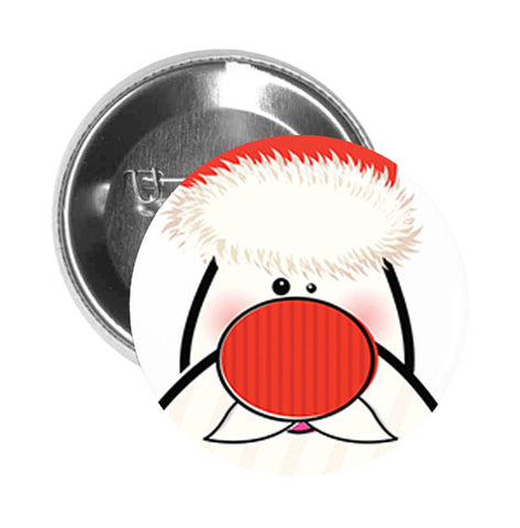 Round Pinback Button Pin Brooch Santa Claus Merry Christmas Hat with Red Nose and Long Beard Cartoon - Zoom