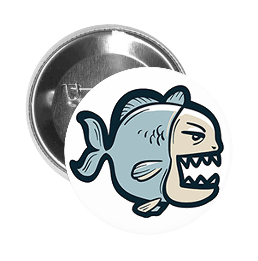 Round Pinback Button Pin Brooch Scary Deadly Hungry Piranha Cartoon