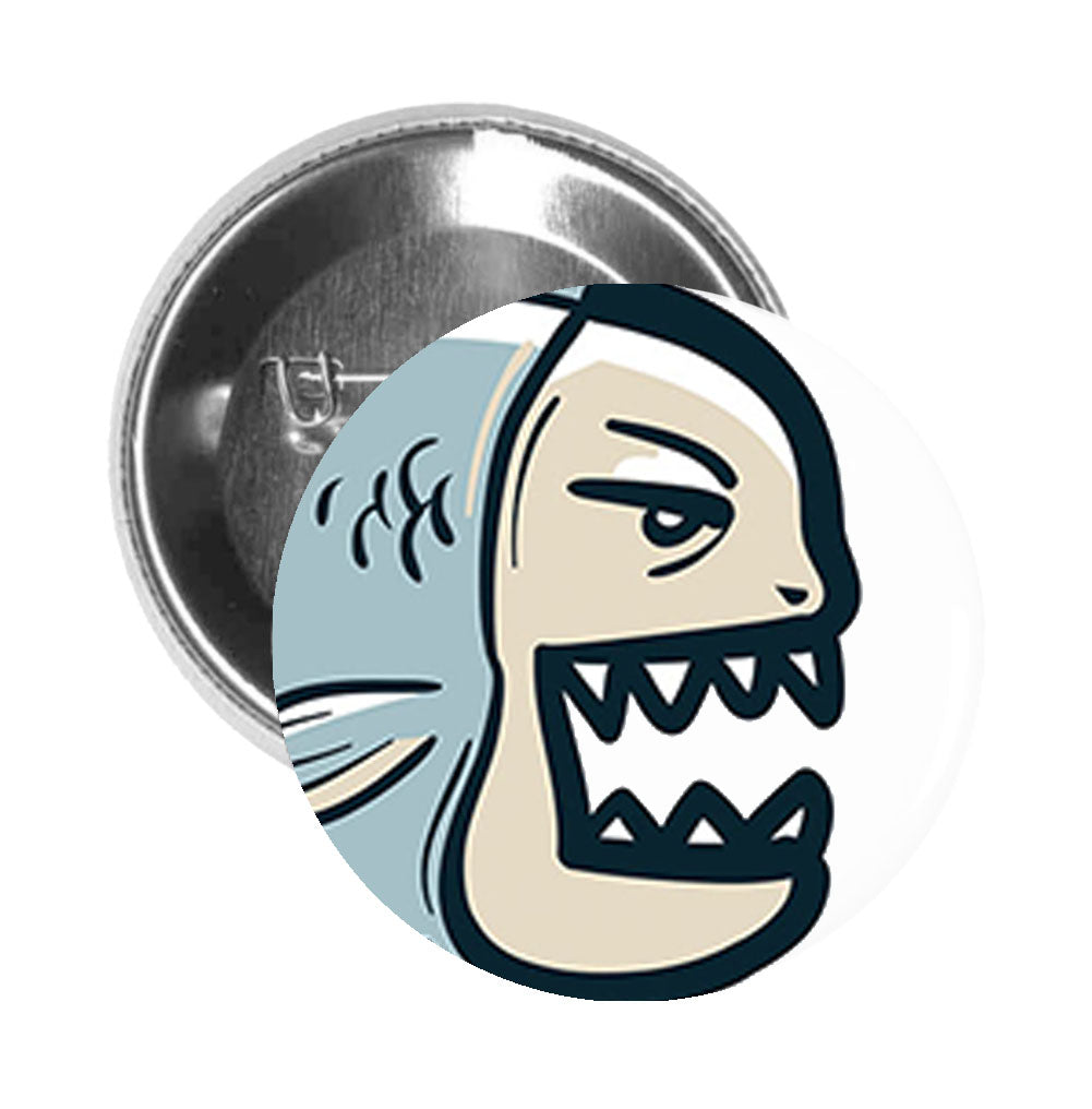 Round Pinback Button Pin Brooch Scary Deadly Hungry Piranha Cartoon - Zoom