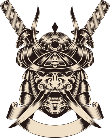 Scary Metal Japanese Soilder with Swords and Banner Vinyl Decal Sticker