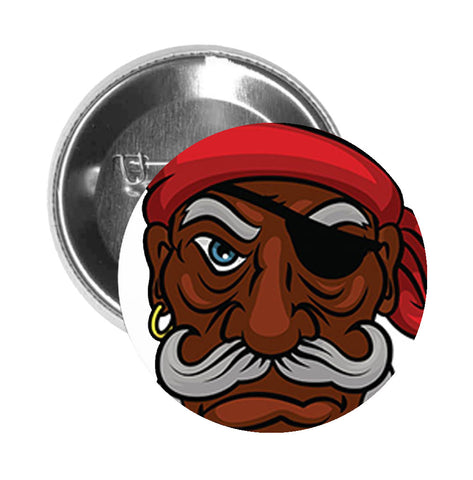 Round Pinback Button Pin Brooch Serious Old Pirate with Bandana and Eyepatch Cartoon - Zoom