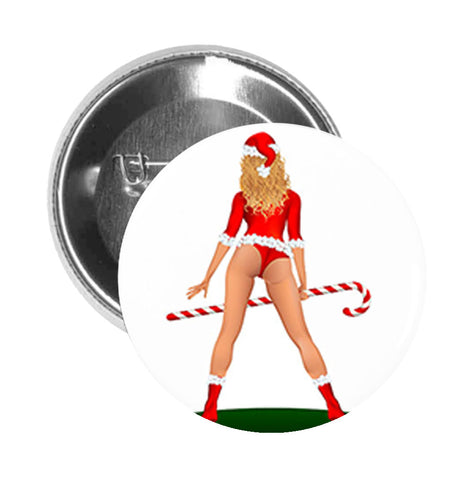 Round Pinback Button Pin Brooch Sexy Christmas Holiday Stripper in Santa Costume Lingerie Cartoon