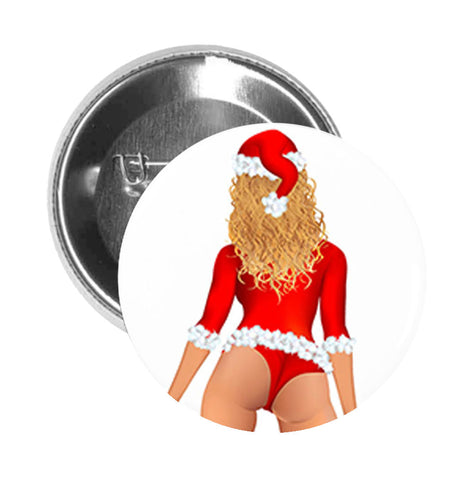Round Pinback Button Pin Brooch Sexy Christmas Holiday Stripper in Santa Costume Lingerie Cartoon - Zoom