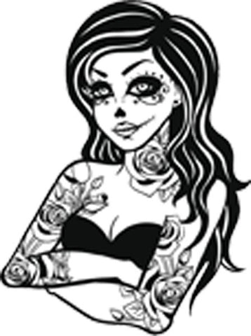 Sexy Dia de los Muertos Woman with Tattoos Cartoon Vinyl Decal Sticker