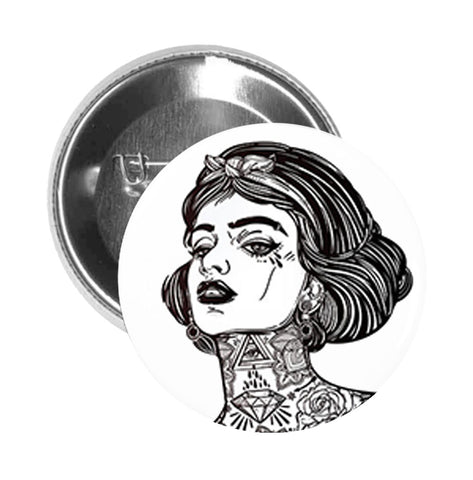 Round Pinback Button Pin Brooch Sexy Gangster Snow White with Tattoos - Black and White