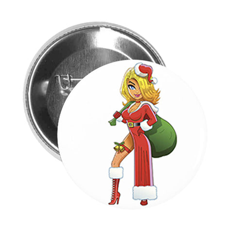 Round Pinback Button Pin Brooch Sexy Holiday Christmas Woman Santa Cartoon
