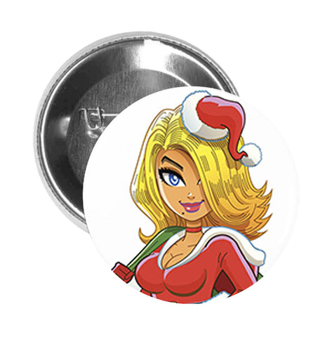 Round Pinback Button Pin Brooch Sexy Holiday Christmas Woman Santa Cartoon - Zoom