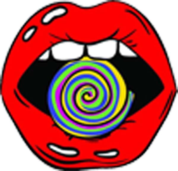 Sexy Red Vintage Lips Cartoon Art - Biting Rainbow Swirl Candy Vinyl Decal Sticker