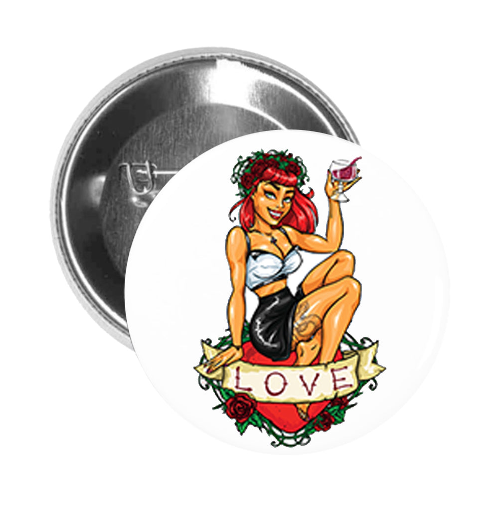 Round Pinback Button Pin Brooch Sexy Relax Party Wine Girl with Tattoo Heart Love Cartoon