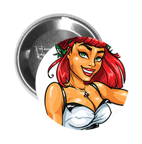 Round Pinback Button Pin Brooch Sexy Relax Party Wine Girl with Tattoo Heart Love Cartoon - Zoom