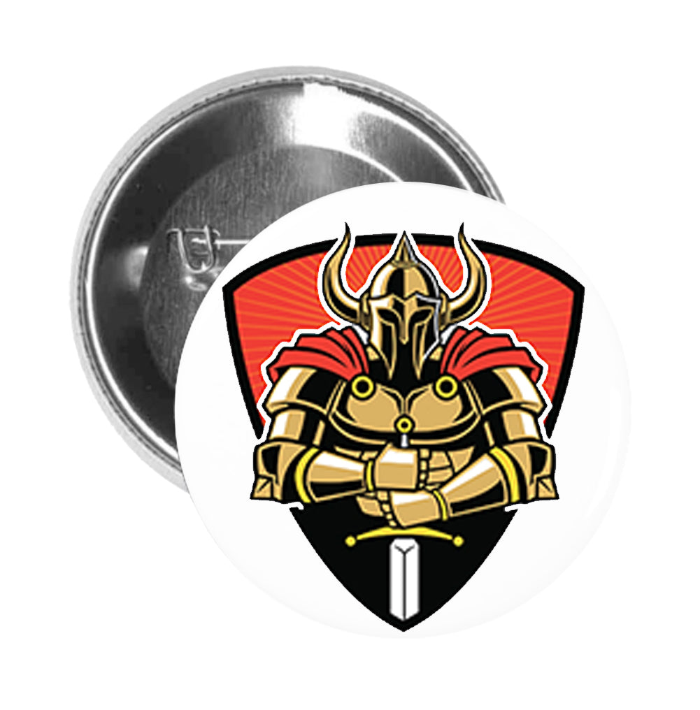 Round Pinback Button Pin Brooch Shiny Golden Knight School Sport Team Mascot in Shield Cartoon Icon