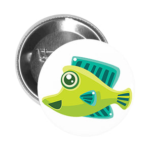 Round Pinback Button Pin Brooch Shiny Green and Teal Cute Fishy Fish Cartoon