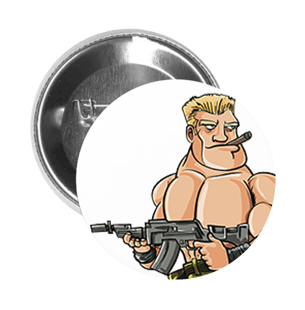 Round Pinback Button Pin Brooch Shirtless Rugged Military Gunman Cartoon Pen Art - Zoom