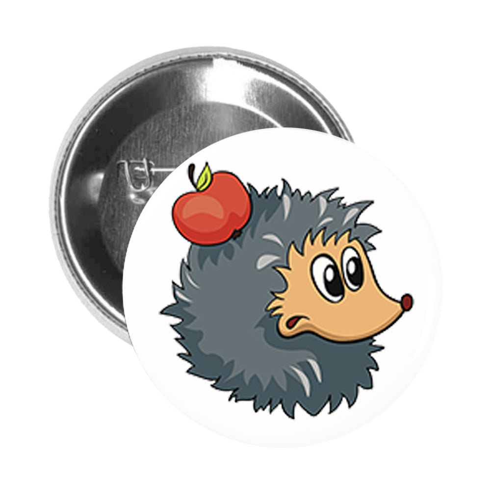 Round Pinback Button Pin Brooch Shocked Black Porcupine with Red Apple Cartoon