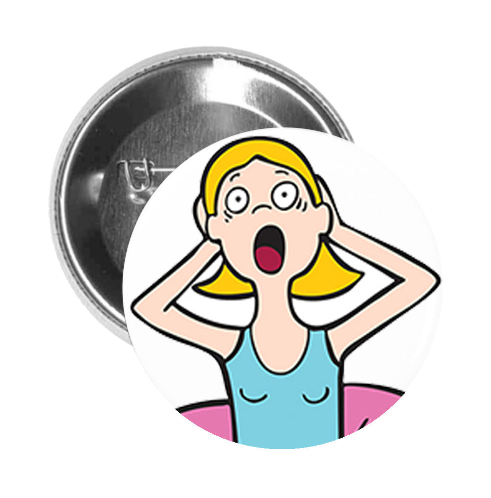 Round Pinback Button Pin Brooch Shocked Lady in Blue Dress Wearing a Pink Donut - Zoom