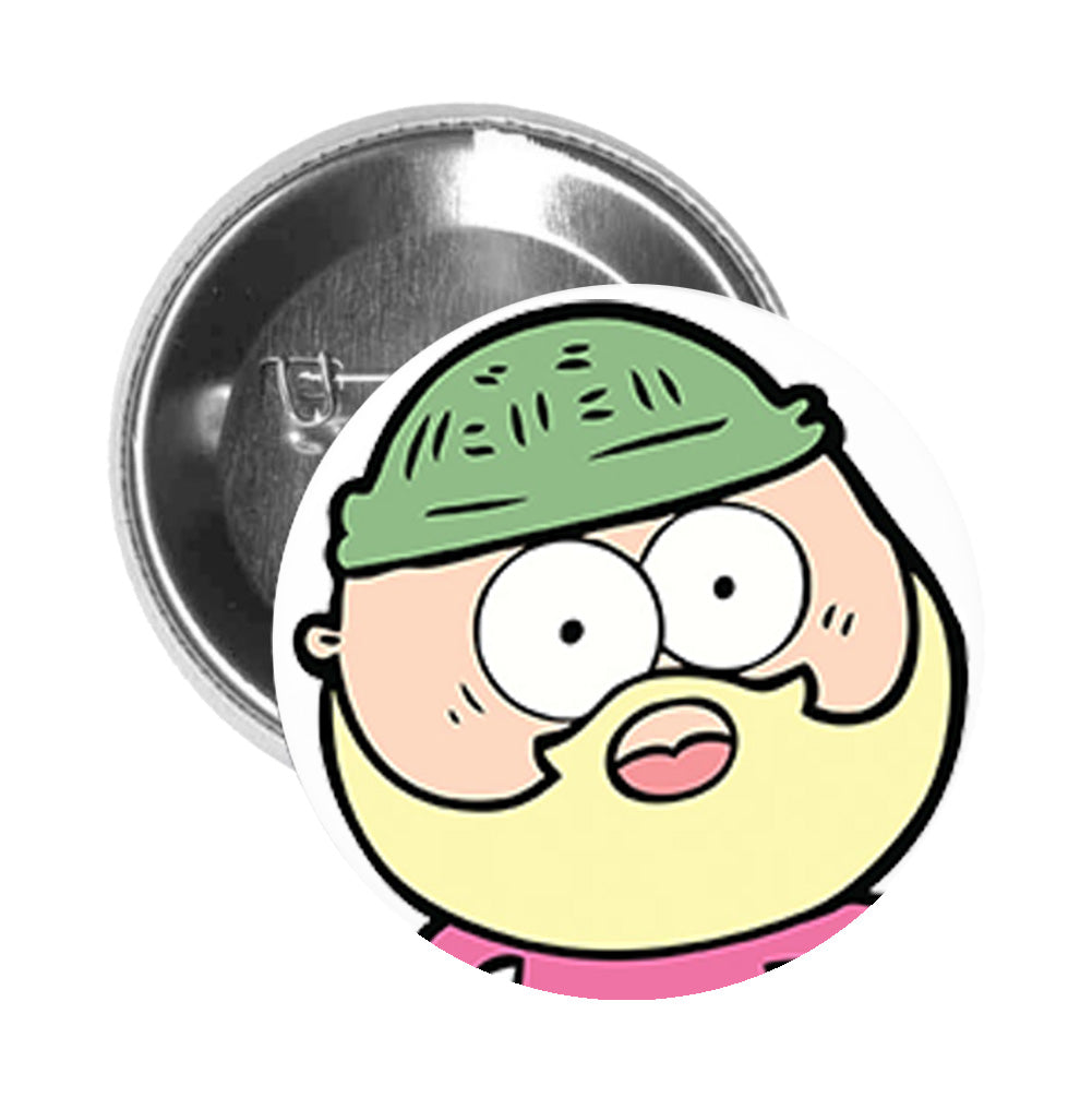 Round Pinback Button Pin Brooch Shocked Mouth Open Pointing Hairy Bearded Hipster Cartoon - Zoom