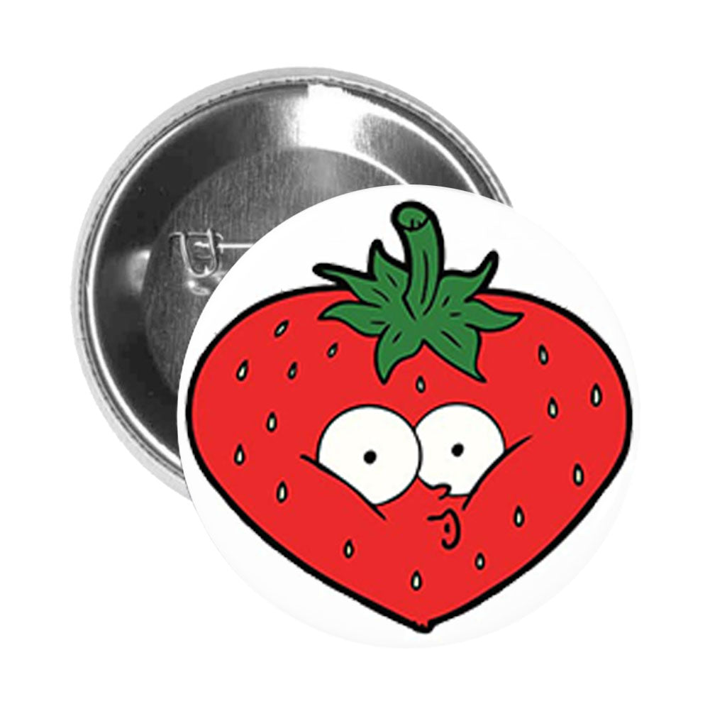 Round Pinback Button Pin Brooch Shocked Whistling Red Plump Fat Strawberry Cartoon