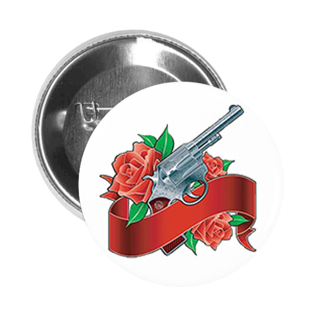 Round Pinback Button Pin Brooch Shotgun with Red Roses and Banner