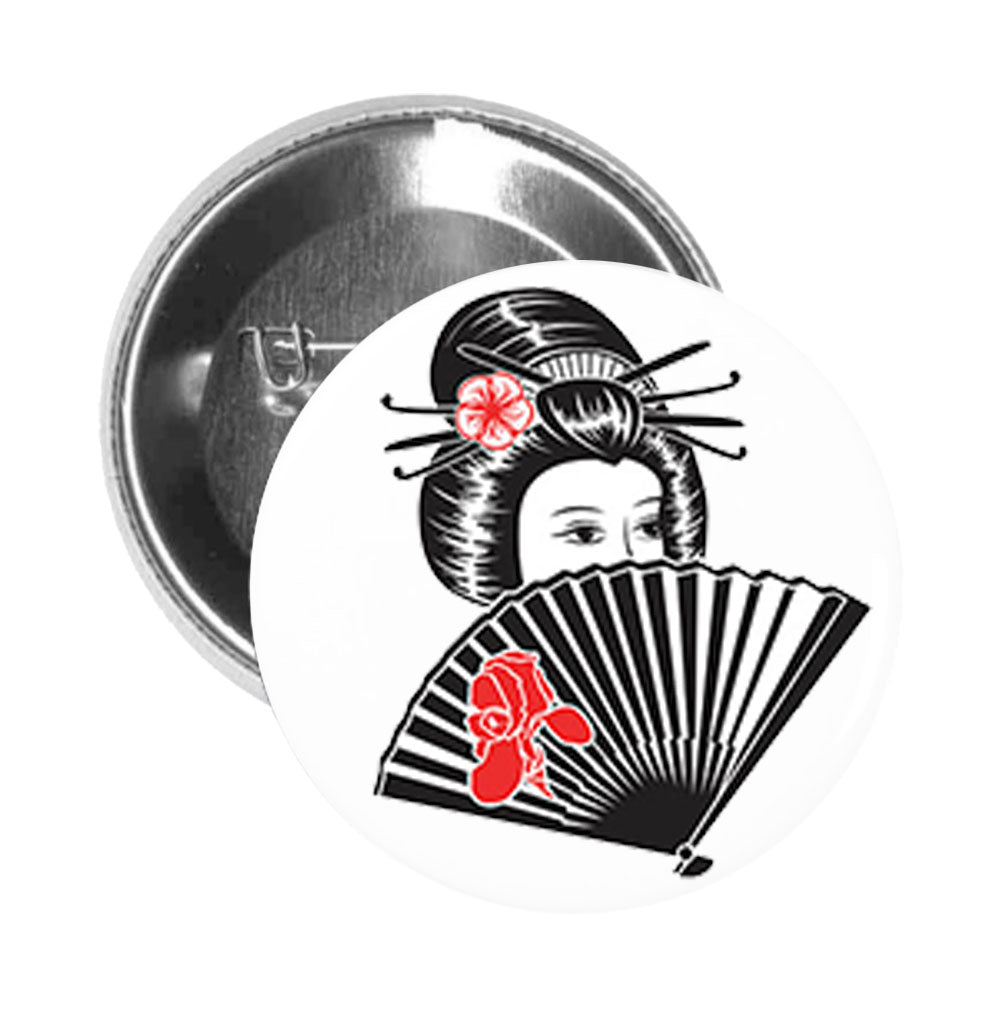 Round Pinback Button Pin Brooch Shy Japanese Geisha Woman with Fan