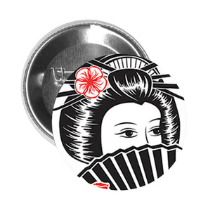Round Pinback Button Pin Brooch Shy Japanese Geisha Woman with Fan - Zoom