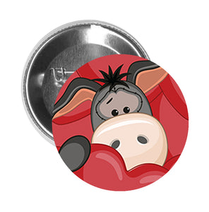 Round Pinback Button Pin Brooch Silly Gloomy Gray Donkey in Pile of Hearts - Zoom