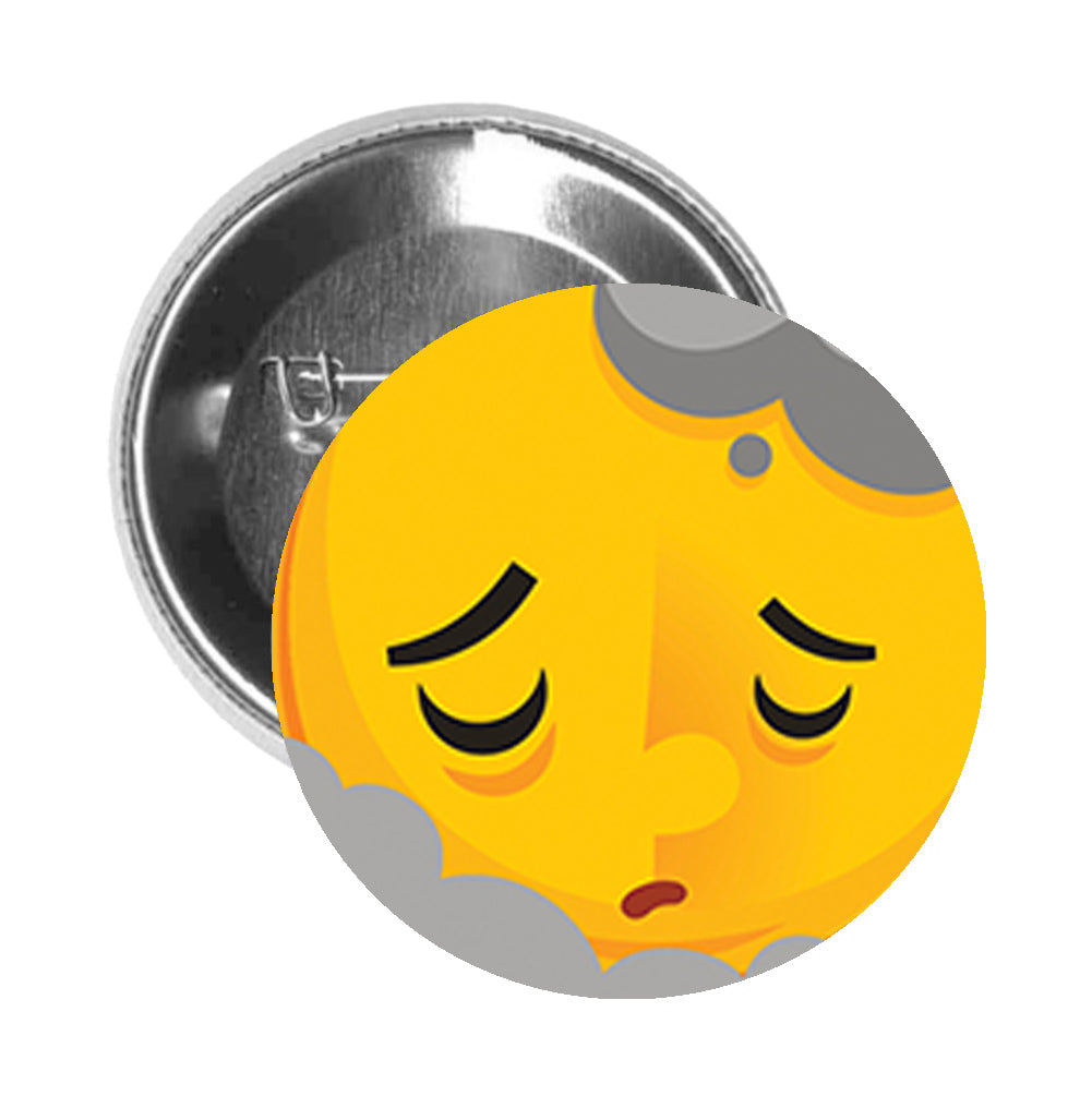 Round Pinback Button Pin Brooch Silly Goofy Emotional Shiny Sun Cartoon - Sad Cloudy - Zoom