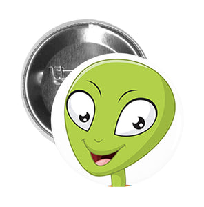 Round Pinback Button Pin Brooch Silly Happy Green Alien in Spacesuit Cartoon - Zoom