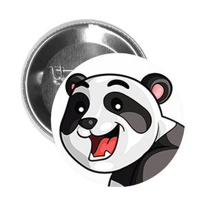Round Pinback Button Pin Brooch Silly Happy Panda Bear with Bamboo - Zoom