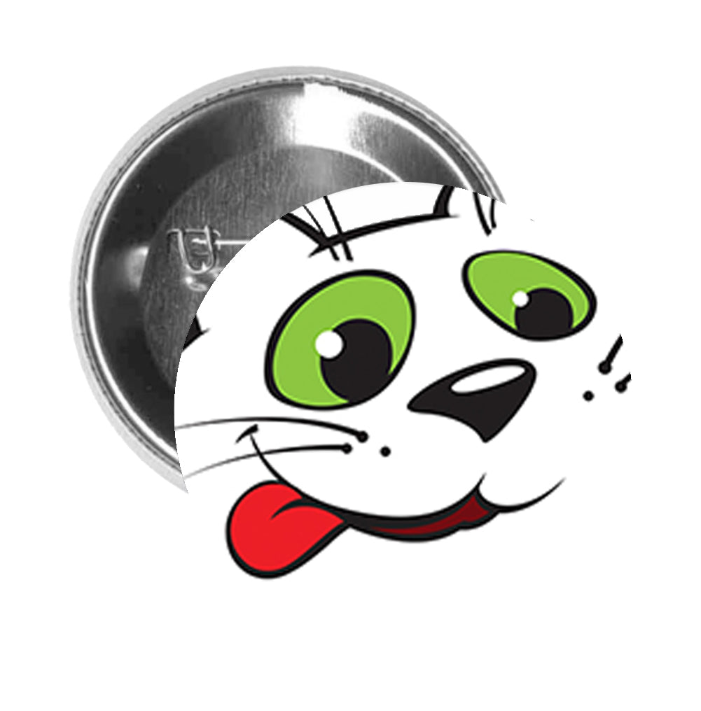 Round Pinback Button Pin Brooch Silly Happy White Kitty Cat with Green Eyes Cartoon - Zoom