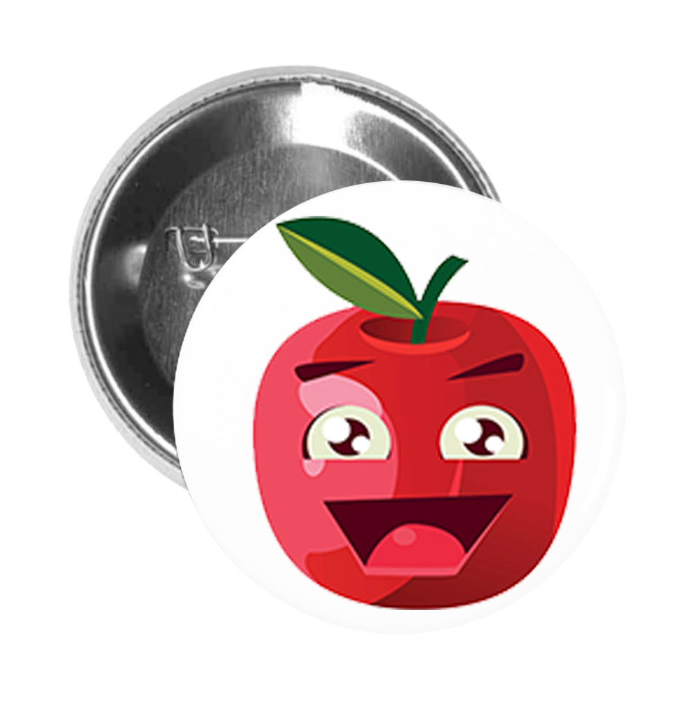 Round Pinback Button Pin Brooch Silly Red Happy Apple Emoji Cartoon