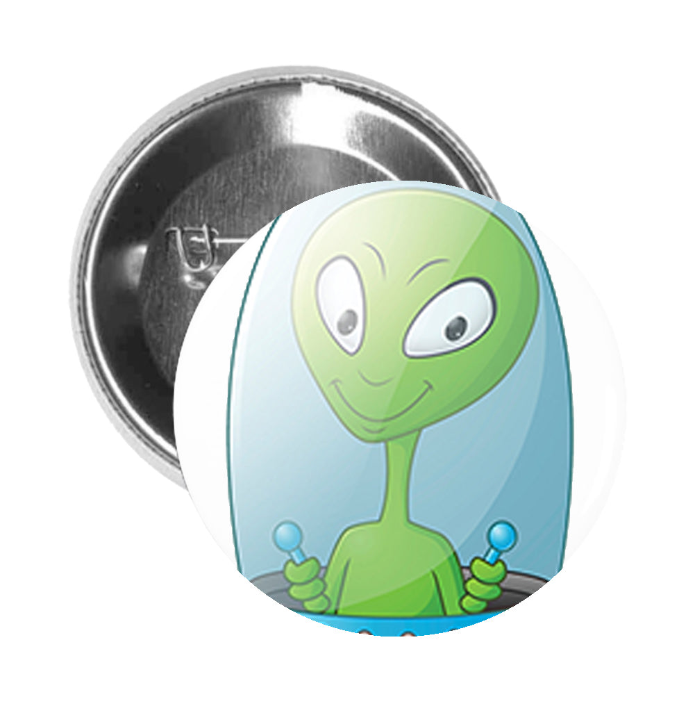 Round Pinback Button Pin Brooch Silly Retro Alien in Spaceship Cartoon - Zoom