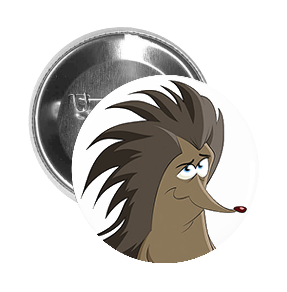 Round Pinback Button Pin Brooch Silly Sad Porcupine Cartoon - Zoom