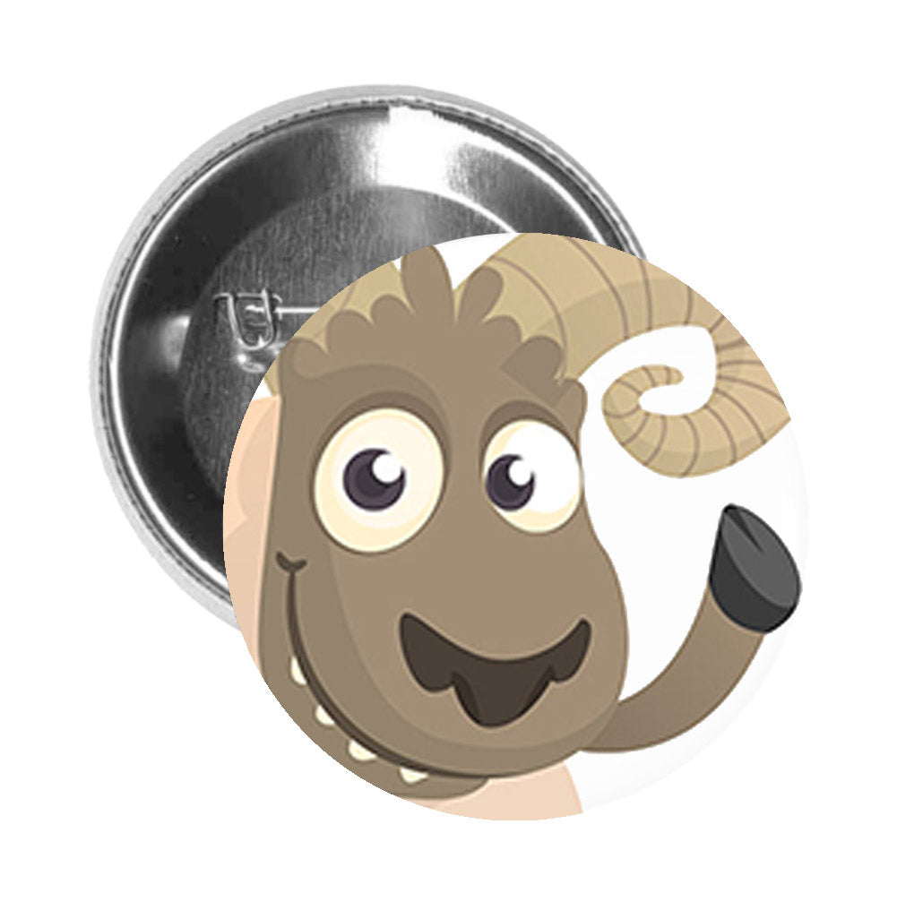 Round Pinback Button Pin Brooch Silly Adorable Goofy Nursery Animal Cartoon - Ram - Zoom