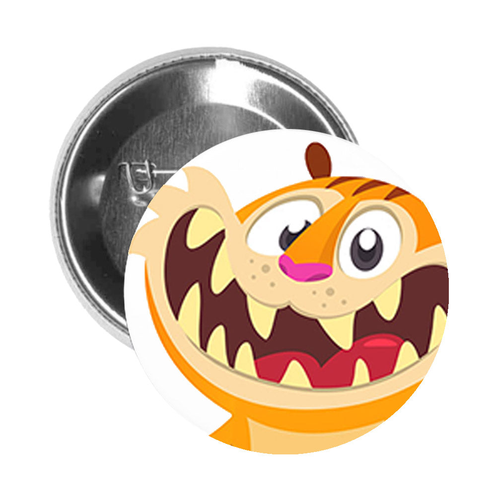 Round Pinback Button Pin Brooch Silly Adorable Goofy Nursery Animal Cartoon - Tiger - Zoom