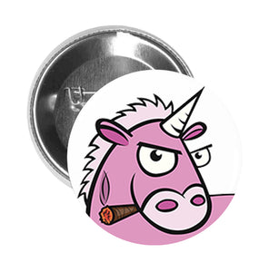 Round Pinback Button Pin Brooch Silly Angry Pink Unicorn with Cigar Cartoon - Zoom