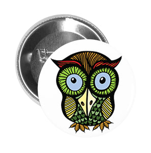 Round Pinback Button Pin Brooch Silly Big Eyed Owl Cartoon