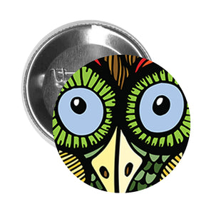 Round Pinback Button Pin Brooch Silly Big Eyed Owl Cartoon - Zoom