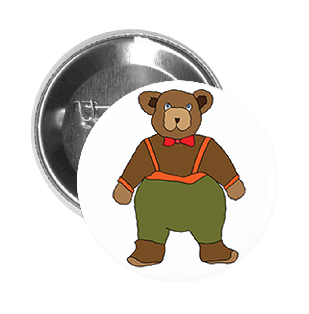 Round Pinback Button Pin Brooch Silly Brown Bear Childhood Drawing