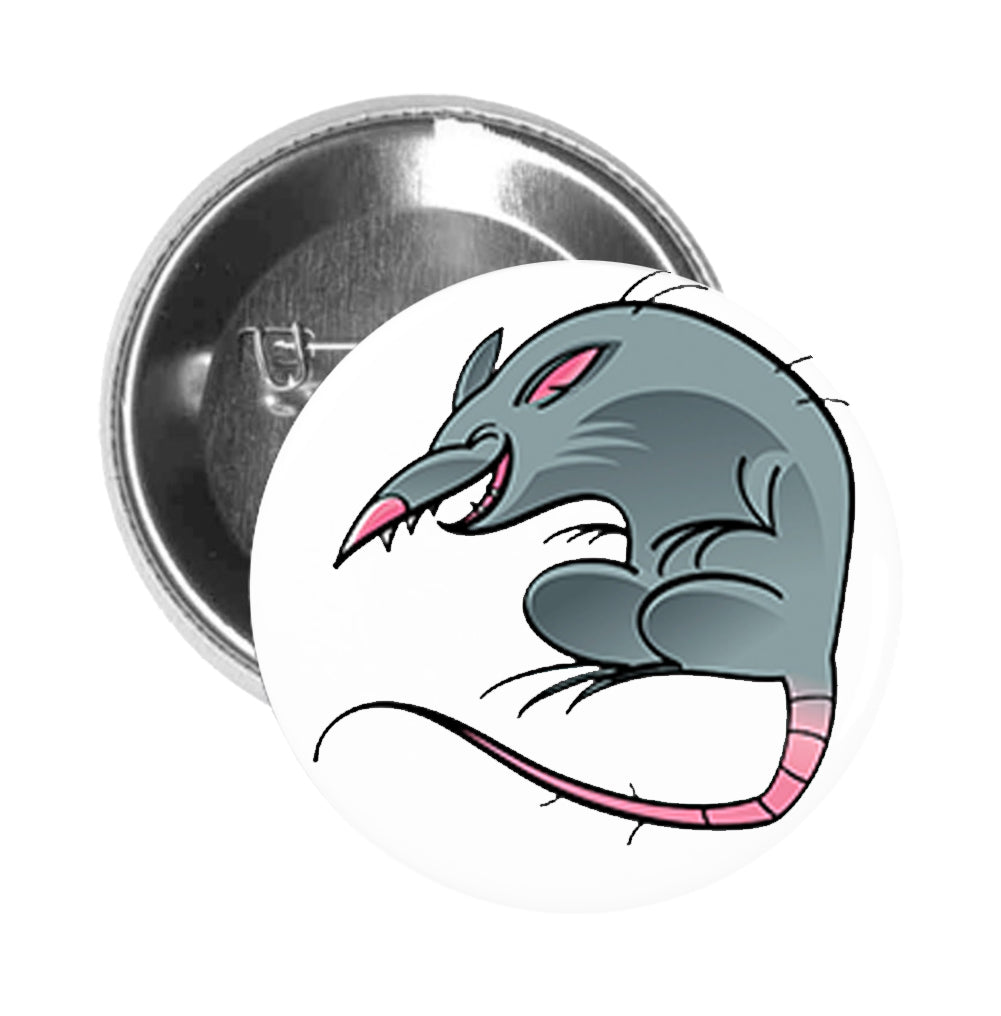 Round Pinback Button Pin Brooch Silly Creepy Laughing Gray Rat with Pink Tail Cartoon