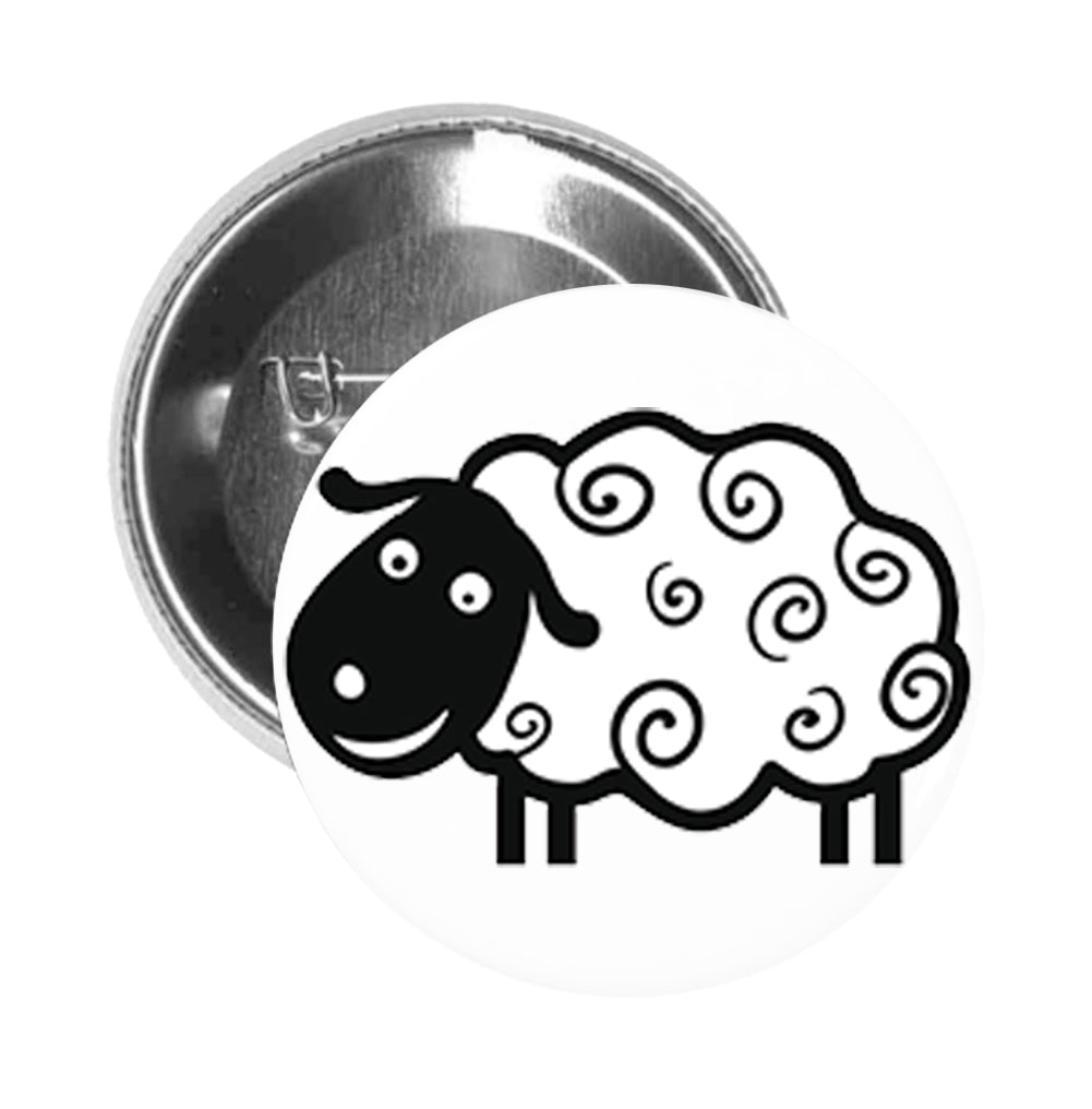Round Pinback Button Pin Brooch Silly Fluffy Sheep with Swirls