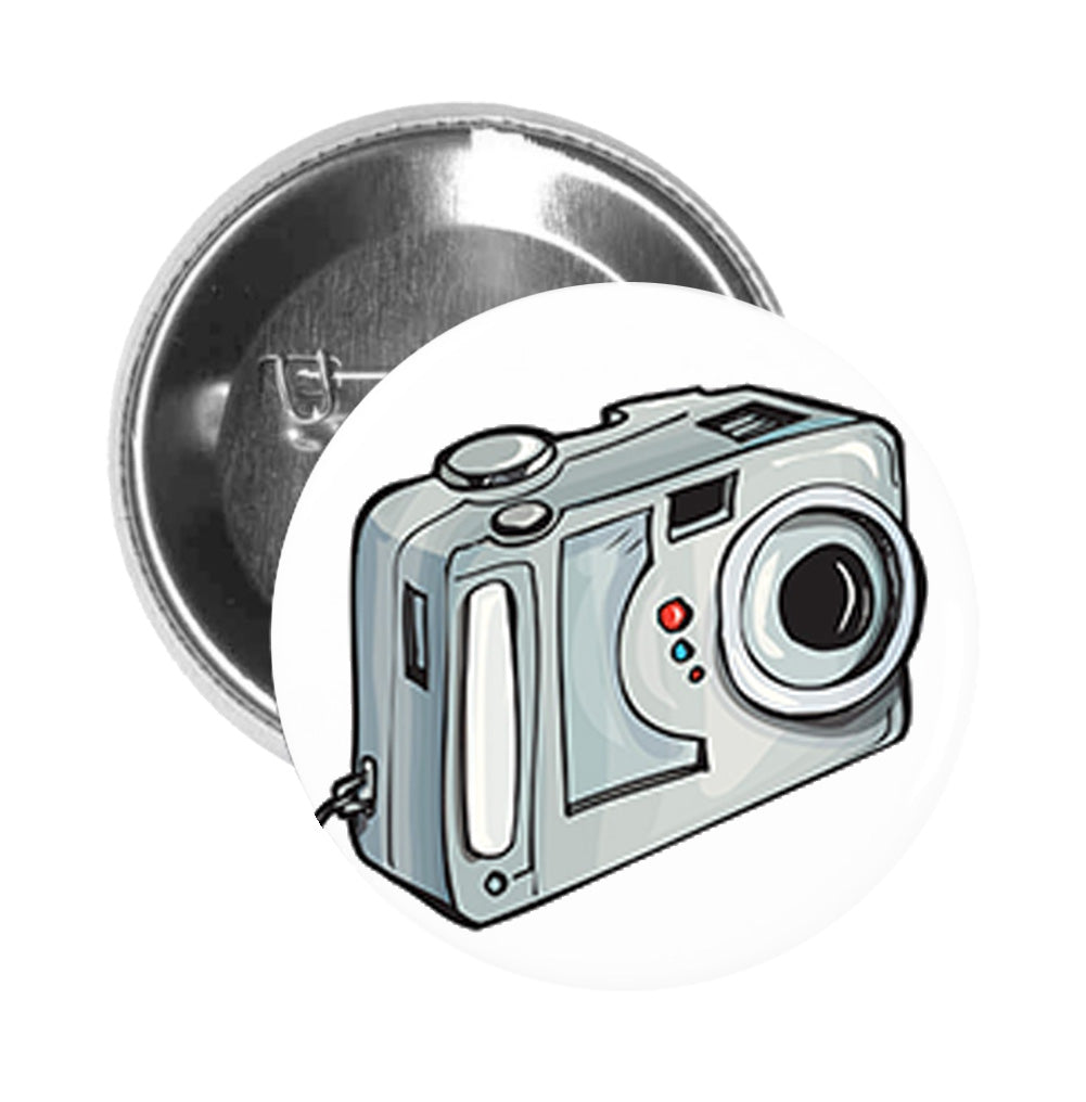 Round Pinback Button Pin Brooch Simple 90's Point and Shoot Cartoon Camera Art - Zoom