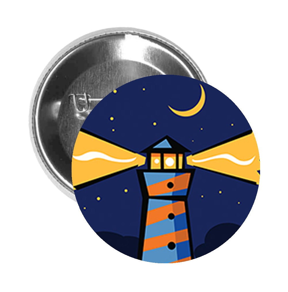 Round Pinback Button Pin Brooch Simple Abstract Geometric Lighthouse Moonlight Cartoon - Zoom