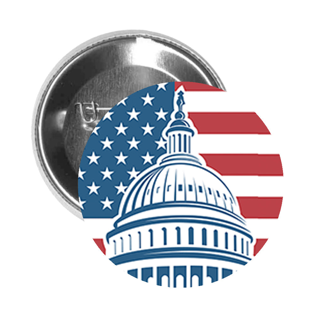 Round Pinback Button Pin Brooch Simple American Capitol Building Cartoon Icon - Zoom
