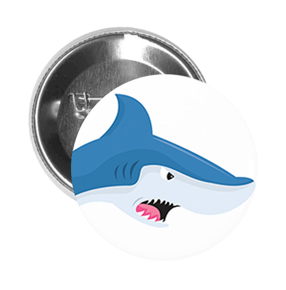 Round Pinback Button Pin Brooch Simple Angry Blue Shark Cartoon Emoji - Zoom