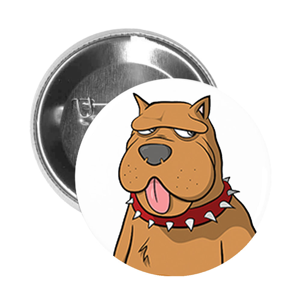 Round Pinback Button Pin Brooch Simple Lazy Brown Retro Puppy Dog with Spike Collar Cartoon